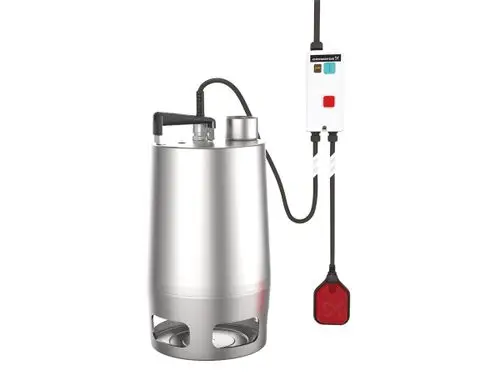 Tauchmotorpumpe von Grundfos mit Edelstahlgehäuse und Kühlmantel, ausgestattet mit einem Steuerungskabel und Schwimmerschalter. Fokus auf Schmutzwasserentsorgung.